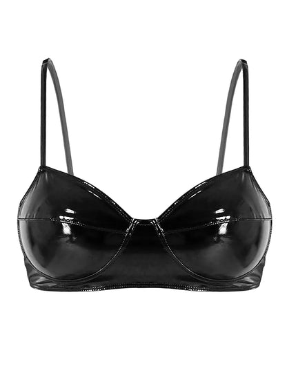 Discover the perfect combination of sexy and edgy with our Wet Look Bra Top with Zipper Crotch Leather Bikini Lingerie. The sleek wet look fabric and zipper crotch add a touch of allure, making this piece a must-have for any lingerie collection.