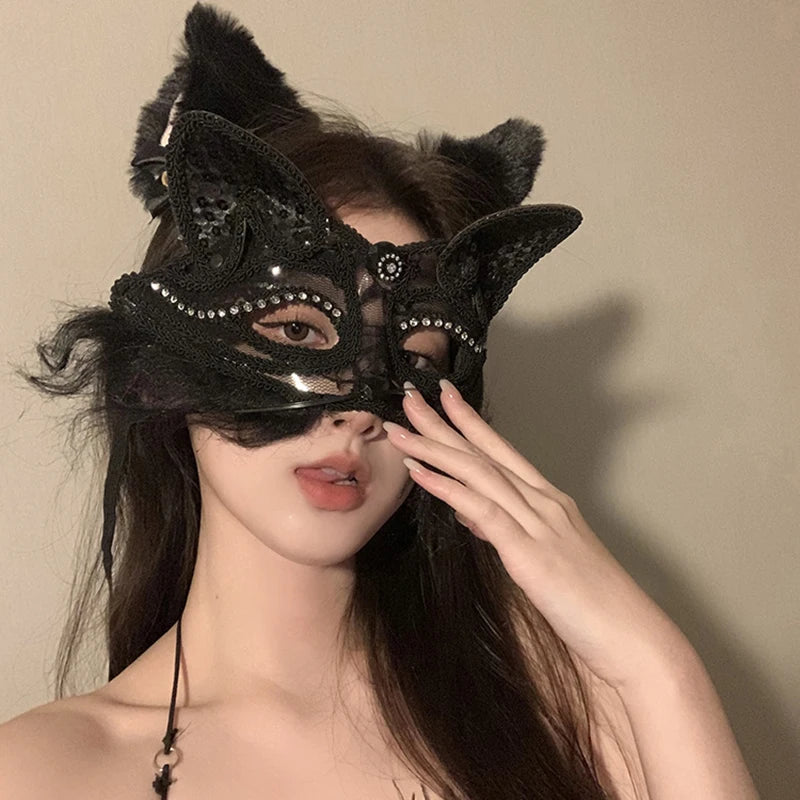 Women Cat Cosplay Sexy Lace Mask Supplies Dance Party Performance Masquerade Fox Mask Couple Animal Face Decor Eyes Accessories