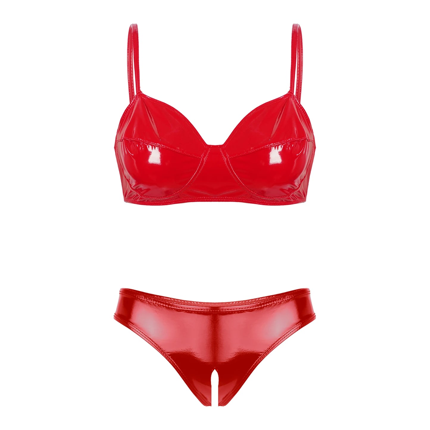 Discover the perfect combination of sexy and edgy with our Wet Look Bra Top with Zipper Crotch Leather Bikini Lingerie. The sleek wet look fabric and zipper crotch add a touch of allure, making this piece a must-have for any lingerie collection.