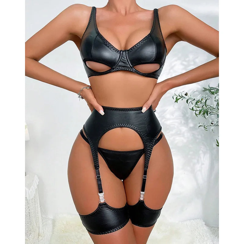 Effortlessly exude confidence and sensuality with our Sexy Leather Lingerie. Made from high-quality leather, this lingerie features a sleek and alluring design that flatters every body type. Perfect for adding a touch of boldness to your intimate wardrobe, our lingerie is sure to make you feel empowered and irresistible.