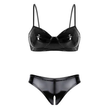 Discover the perfect combination of sexy and edgy with our Wet Look Bra Top with Zipper Crotch Leather Bikini Lingerie. The sleek wet look fabric and zipper crotch add a touch of allure, making this piece a must-have for any lingerie collection.