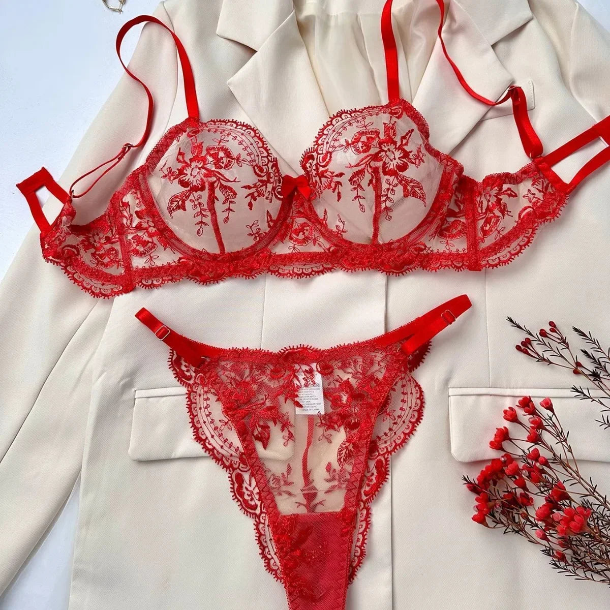 Blush Bloom Embroidered Mesh Lingerie Set