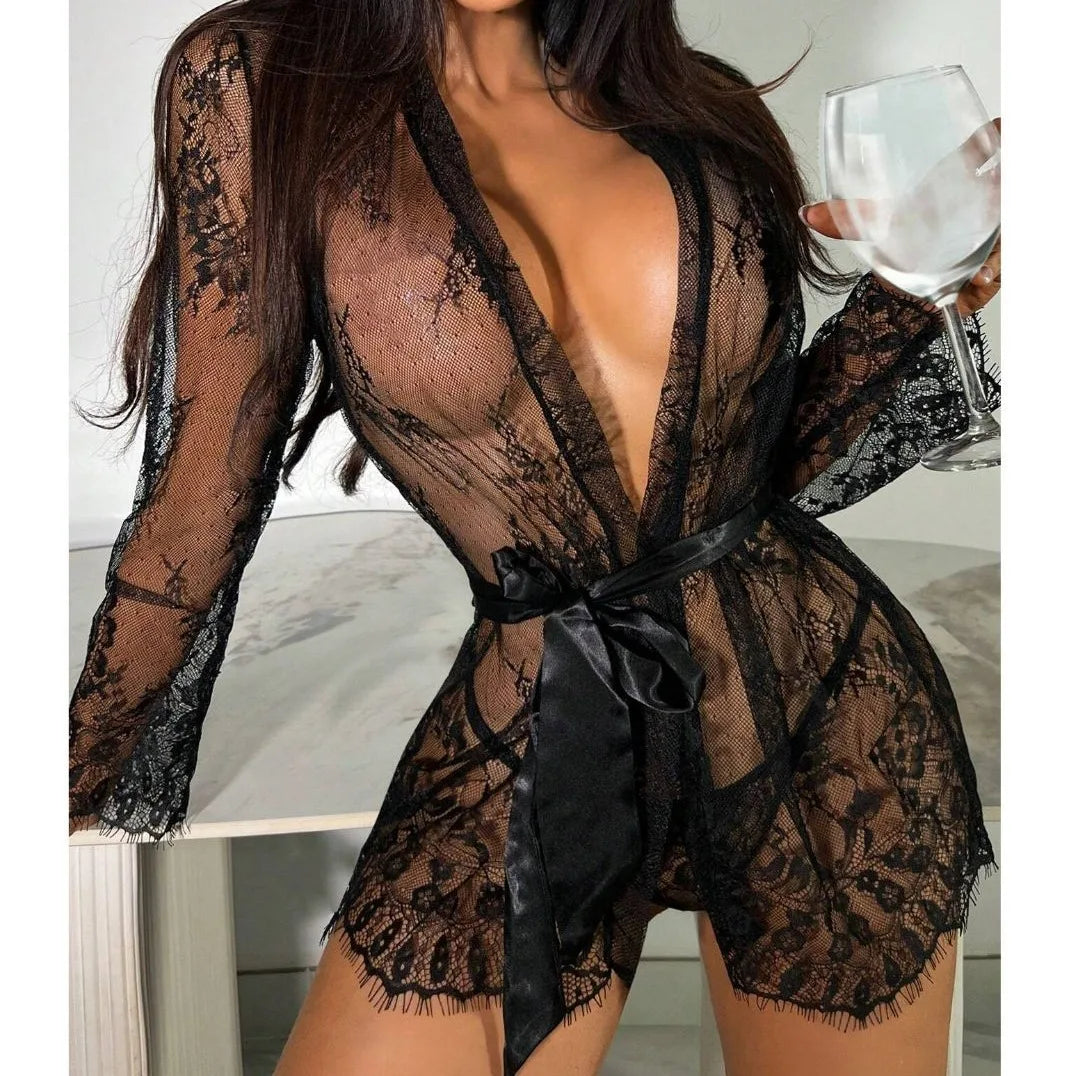 The Sexy Lace Robe Pajamas Set offers a sophisticated and sensual style for intimate nights. The delicate lace adds an alluring touch, while the soft fabric ensures comfort. Elevate your sleepwear with this elegant set.