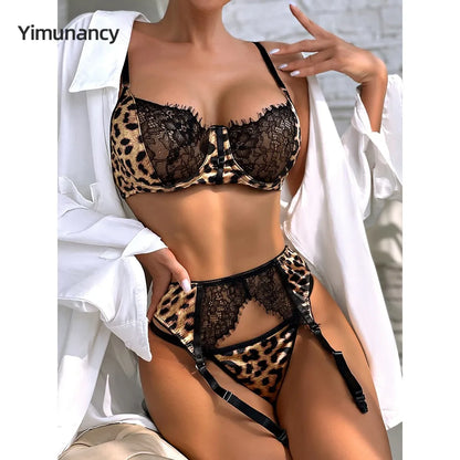 Fierce Elegance: Gothic Leopard Lace Lingerie Set with Garter