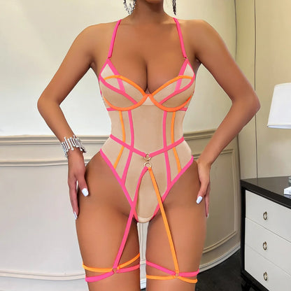 Neon Pink Patchwork See Through Lingerie