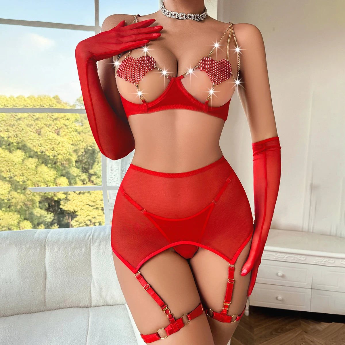 See-Through Mesh Lingerie Set with Love Chain