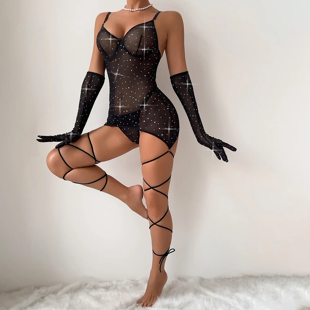 Diamond Shiny Sleeveless Mesh Top Bodystocking Lingerie