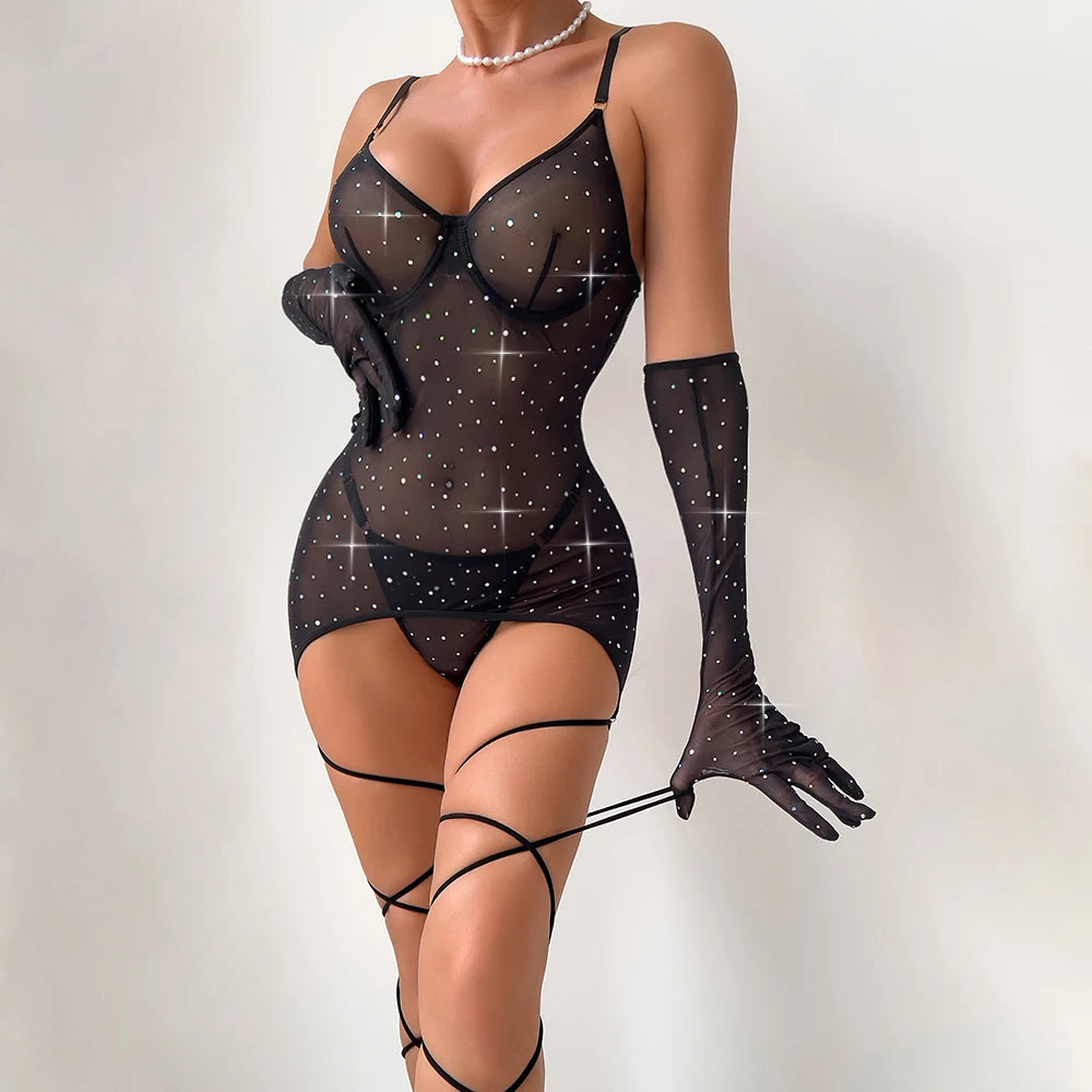 Diamond Shiny Sleeveless Mesh Top Bodystocking Lingerie