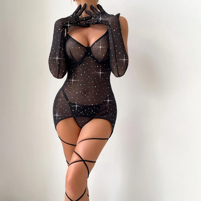 Diamond Shiny Sleeveless Mesh Top Bodystocking Lingerie